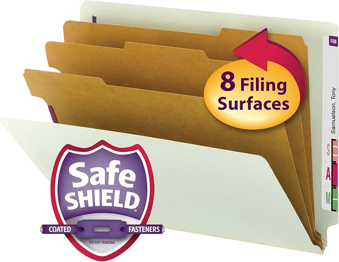 Smead 100% Recycled End Tab Pressboard Classification File Folder with SafeSHIELD Fasteners, 3 Dividers, 3" Expansion, Letter Size, Gray/Green, 10 per Box (26820) - Image 2