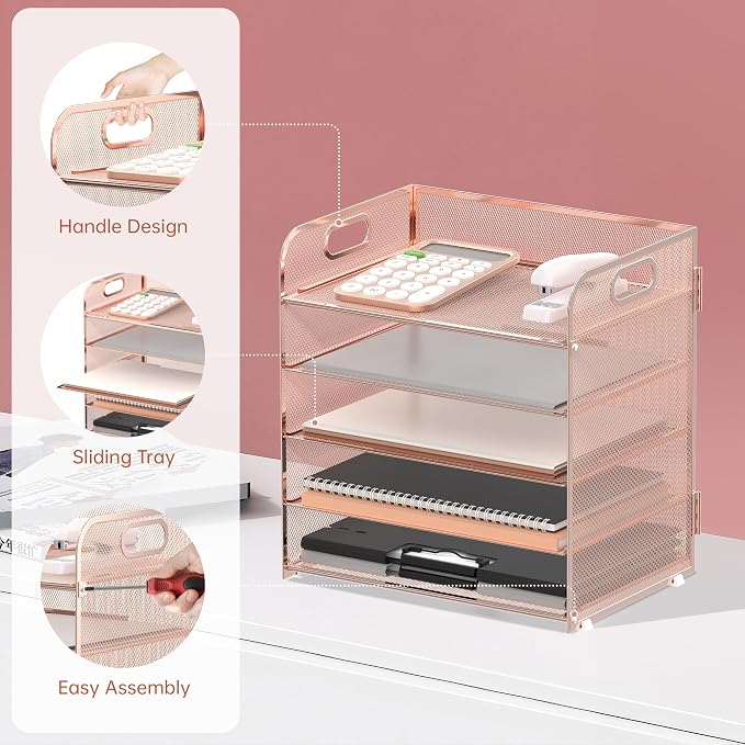 5 Trays Paper Organizer Letter Tray with Handle-Mesh Desk File Organizer, Paper Sorter Desk Organizer for Office, Home or School (Rose Gold) - Image 3