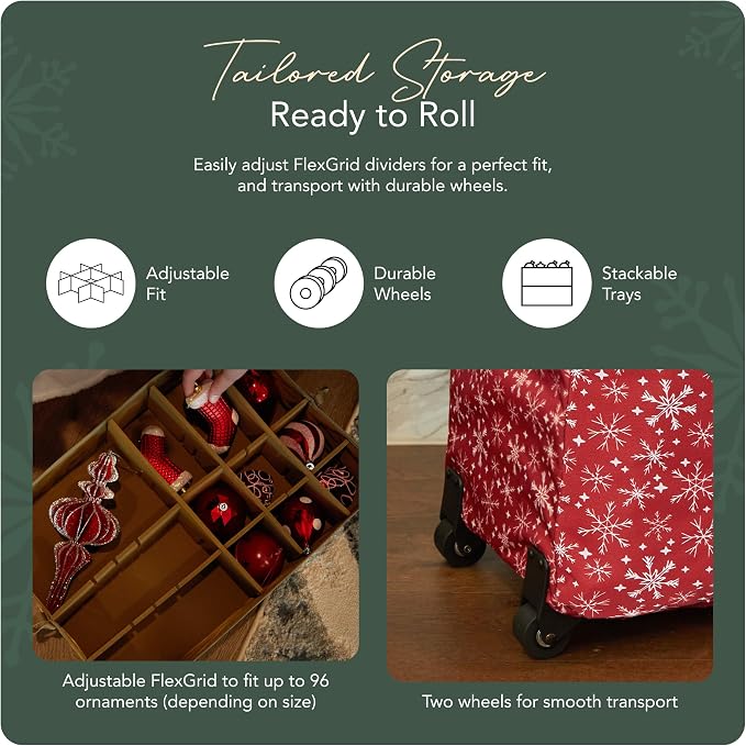 Covermates Keepsakes Rolling Adjustable Ornament Storage Bag – Heavy-Duty Polyester, FlexGrid Trays & Padded Dividers – Protective Holiday Organizer with Wheels, Handles & ID Window, Red Snowflake - Image 5