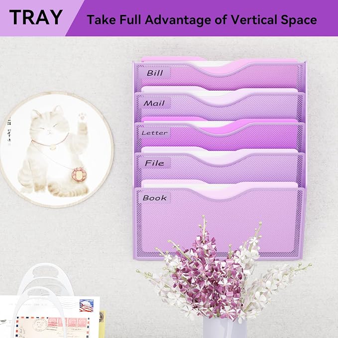 5 Pockets Hanging Wall File Organizer Mail Holder, Wall Mounted Paper Document Folder Holder, Clipboard Storage Organization Magazine Rack, Light Purple - Image 7