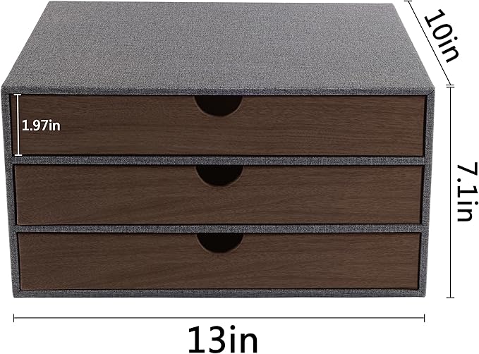 Cloth-effect Faux Leather Desk Organizer File Cabinet Executive Office Supplies Desktop Filing A4 Contract Document Stackable Storage Box with 3 Drawers (Grey) - Image 3