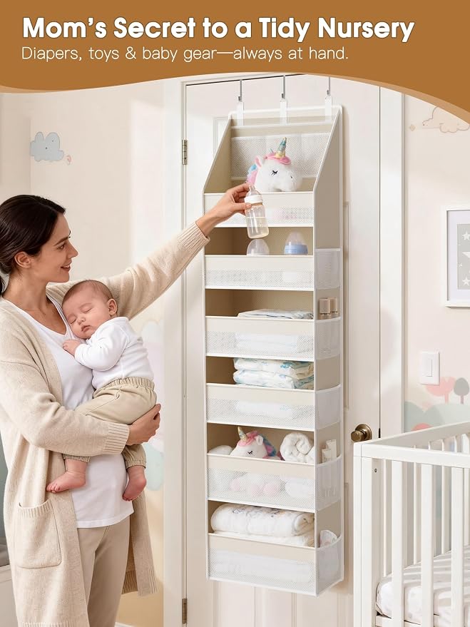 Over the Door Organizer, 6-Shelf Closet Hanging Storage with 13 Mesh Pockets, 55lbs Capacity Behind the Door Storage for Baby Nursery, Bathroom, Bedroom, and Dorm, Beige - Image 3