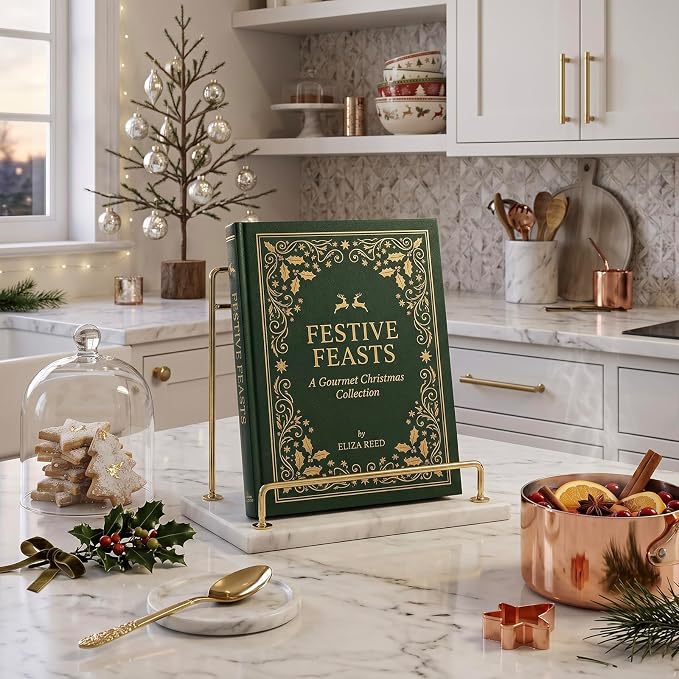 MyGift Modern Marble Cookbook Stand, Kitchen Countertop Recipe Holder Stand with Brass Tone Metal Rail - Image 5