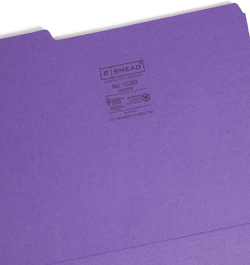 Smead Interior File Folder, 1/3-Cut Tab, Letter Size, Purple, 100 per Box, Expandable File Folders for Filing Cabinet |(Pack of 5) - Image 3