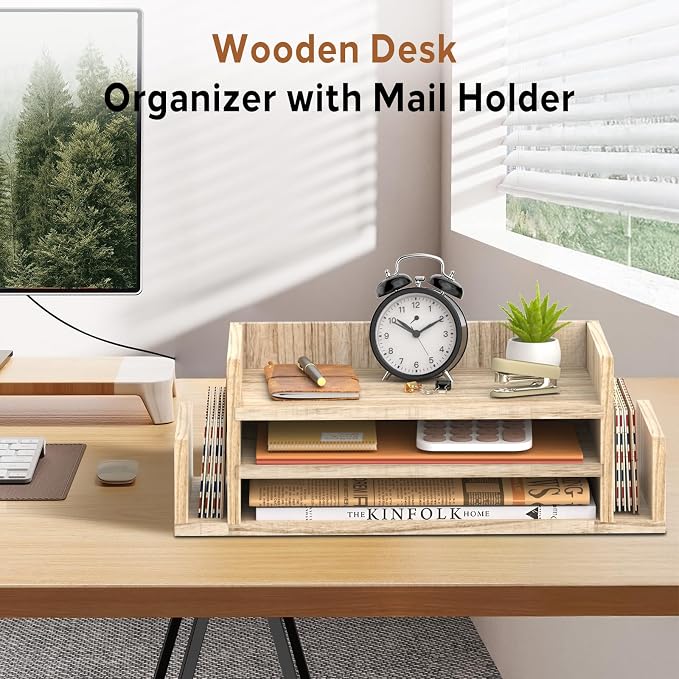 Wooden Desk Organizer, 3-Tier Paper Trays with 2 Mail Sorters, Natural Wood | Fully assembled with open shelves and side slots for sorting files, folder, letter, bill, magazine, notebook - Image 2