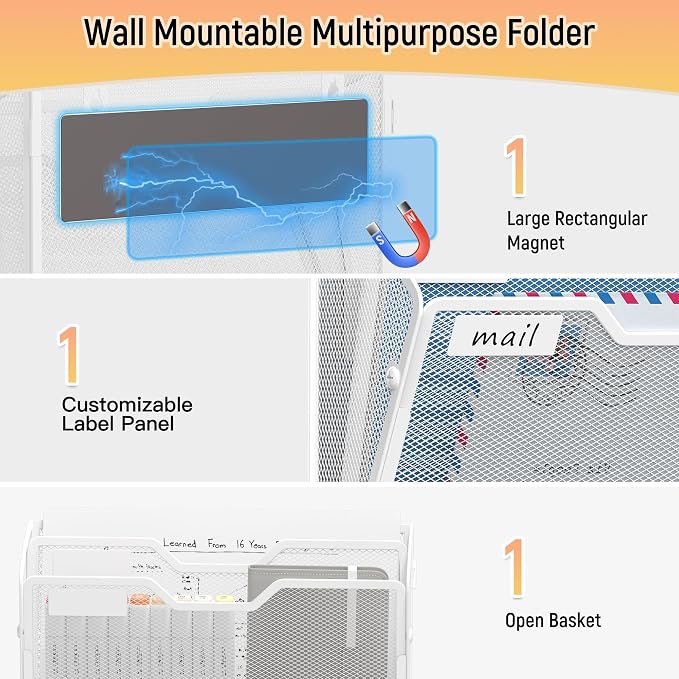 Docnest 3 Pack 2 Tier Dual-Mount Magnetic Mesh File Holders, Wall Organizer | Mount magnets or screws. 2-in-1 hanging mesh mail letter organizer with hooks for office and home clutter - Image 4