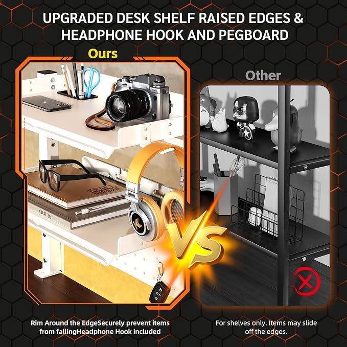 Metal Clamp On Desk Shelf,Storage Shelves with Pegboard and Pencil Holder | 2-Tier Adjustable 16 inch Above or Under Heavy Duty Desktop Organizer with Headphone Holder for Desk Accessories (White) - Image 7