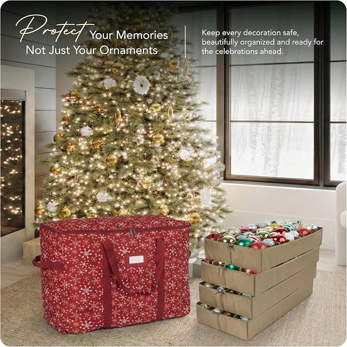 Covermates Keepsakes Adjustable Ornament Storage Bag – Heavy-Duty Polyester, Padded Dividers & FlexGrid Trays – Protective Holiday Ornament Organizer with Handles & Label Window, Red Snowflake - Image 2