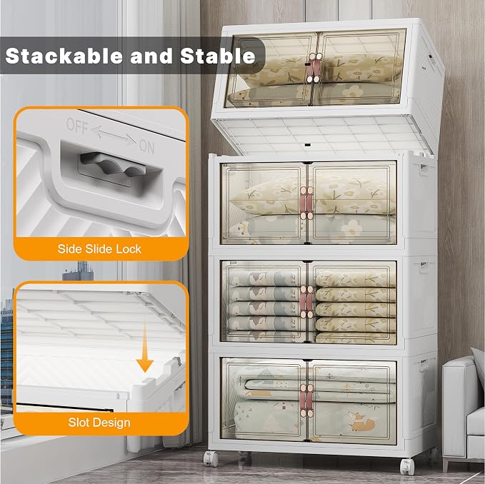 700QT Stackable Storage Bins with Lids, Storage Cabinet with Wheels | Clear Doors Lockable Storage Bins Collapsible Closet Organizer for Space Saving Easy Assembly Extra Large Capacity Heavy Duty - Image 6