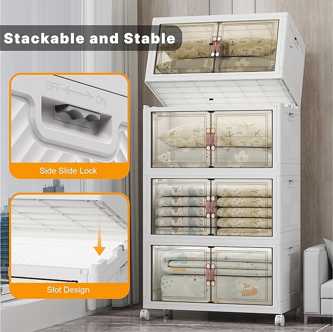 672QT Lockable Plastic Storage Bins, 4 Pack Collapsible Cabinets | Stackable Organizer with Doors & Wheels, Foldable Containers for Bedroom, Dorm, Office & Garage Storage - Image 3