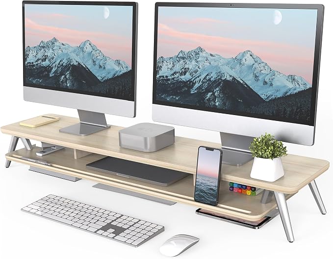 Fenge Dual Monitor Stand Riser, Wooden Desk Shelf with 2-Tier Storage | 42.5-Inch Wide, Sturdy Aluminum Legs, Built-In Phone & Tablet Slot, Desktop Organizer for Office Accessories by Fenge