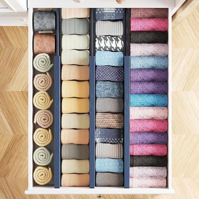 SpaceAid Bamboo Dresser Drawer Dividers 6 Pack, 4.65“ High Adjustable 17“-22” Drawer Organizers, Expandable Organization for Clothing, Clothes, Dressers, Navy Blue - Image 4