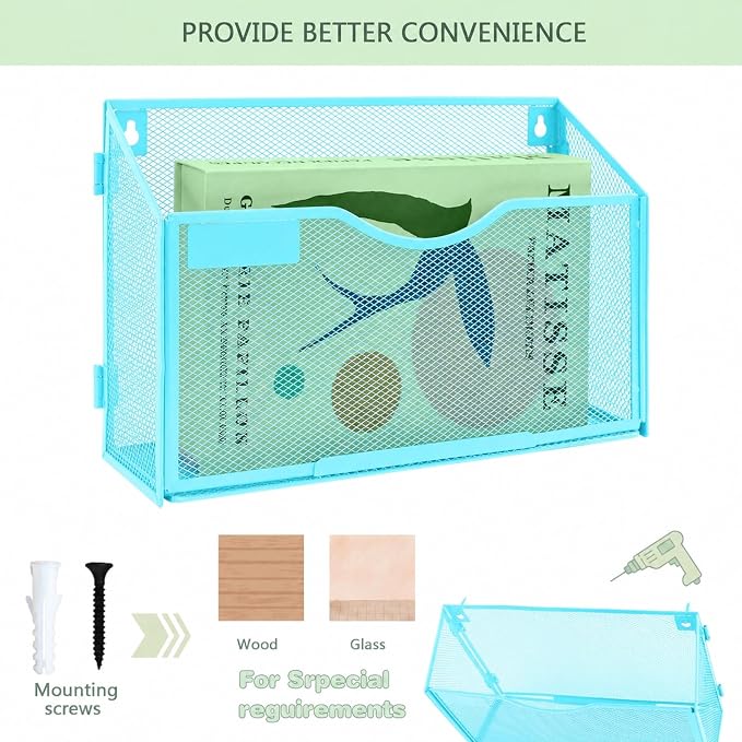 1 Pocket Mesh Wall File Holder Organizer Office Hanging File Folder Magazine Rack, Nametag Label Hooks Set Included (Blue) - Image 4