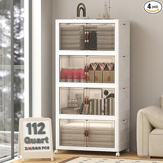 448QT Lockable Storage Bins with Lids - Stackable Storage Cabinet with Doors and Wheels, Collapsible Plastic Organizer and Containers for Bedroom Dorm Office Garage, 4 Pack Cubes | Stackable Organizer with Doors & Wheels, Foldable Containers for Bedroo... by UAMFURIDirect