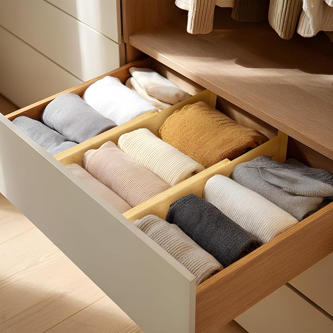VaeFae 3 Pack Bamboo Drawer Dividers, 4" High Adjustable 11.9-17.1" Clothes Drawer Organizers, Expandable Separators for Bedroom/Bathroom/Kitchen/Office Storage - Image 2