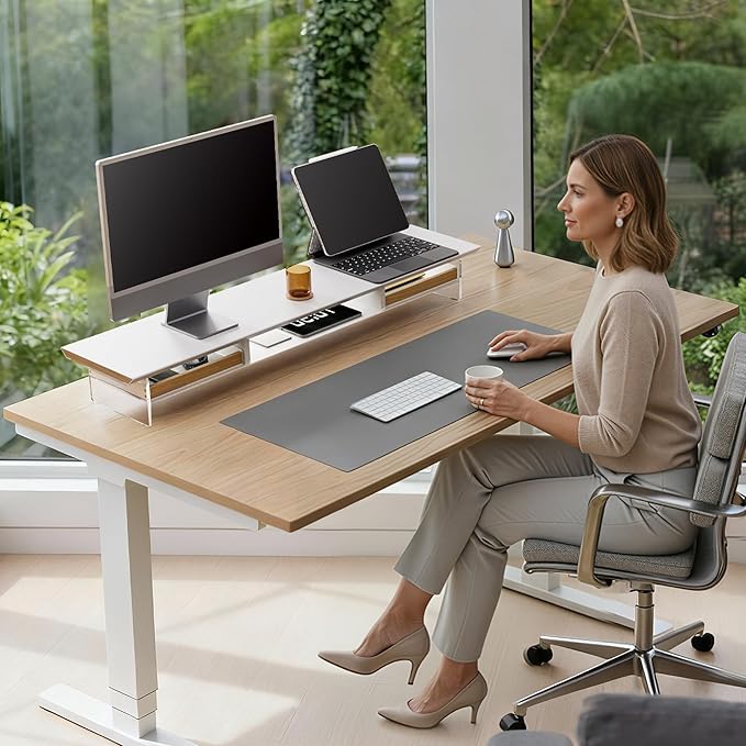Fenge Dual Monitor Stand with Drawer, 42.5 Inch Large Monitor Riser with Acrylic Legs Supports, Computer Stand for Desk, 2 Tier Wood Desk Shelf with Storage Organizer for PC, Laptop, Printer, TV - Image 2