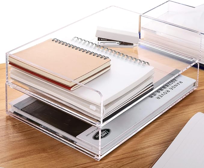Paper Tray Organizer Clear Acrylic Desk Organizers and AccessoriesOffice Supplies Organization Stackable File Holder-Art Storage for School Classroom Workspace Letter Tray-2 Pack/2 Tier… by HeZone