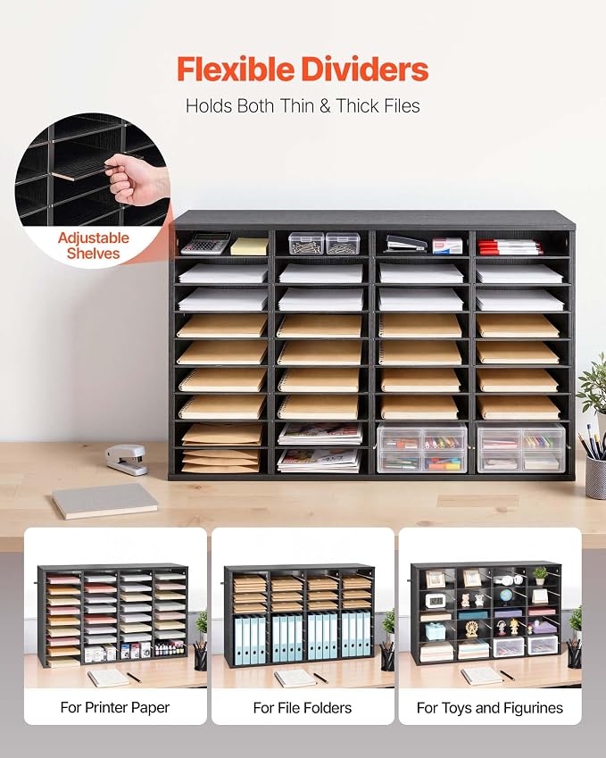 VEVOR Literature Organizer, 36 Compartments Office Mailbox with Detachable Shelves, Wooden Mailbox Sorter with Particle Board, Countertop Office Home Storage Organizer for File, Document, Paper, Black - Image 3