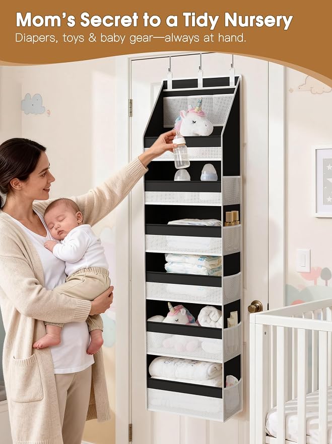 Over the Door Organizer, Heavy-Duty 6-Shelf Hanging Storage with 13 Mesh Pockets, 55lbs Capacity Behind the Door Storage for Nursery, Bathroom, Bedroom, and Dorm, Black - Image 4