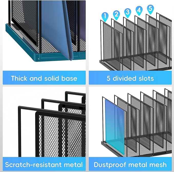 File Organizer for Desk, 5-Section Vertical File Sorter, Paper Holder Organizer Standing Metal File Folder for Office Home Classroom, Black - Image 5