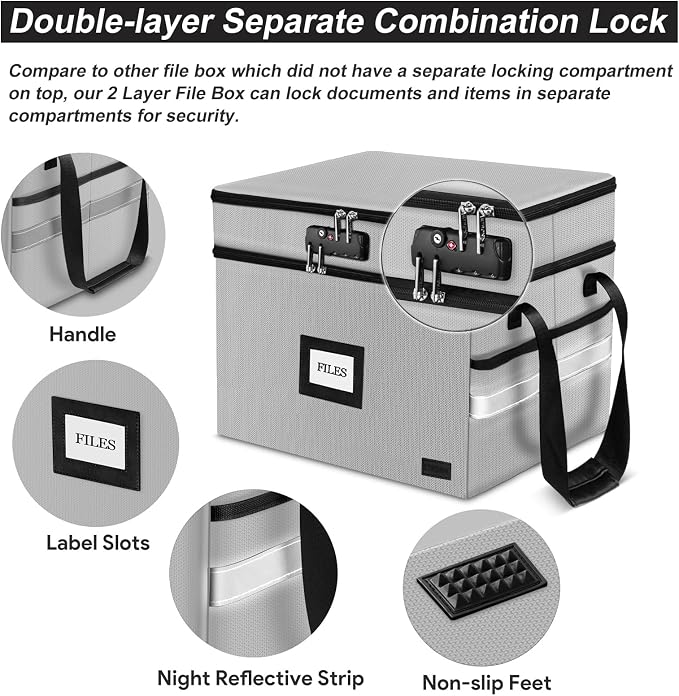 Fireproof File Oganizer with Lock, 2 Layer Fireproof Document Box Storage | Portable File Cabinet Storage Box with 5 Tab Inserts & Handle for Hanging Letter, Legal Size Folder, Certificate - Image 7