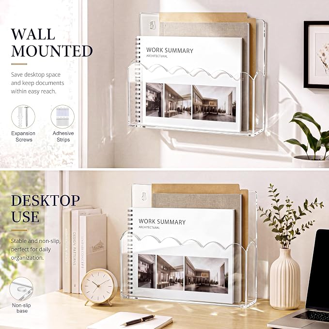 2 Pack Scalloped Acrylic Magazine File Holder Wall Mount Self Adhesive, 13 x 9.5 Inch Brochure Holder for A4 Pocket Storage Letter Folders Mail Organizer Literature Display - Image 4