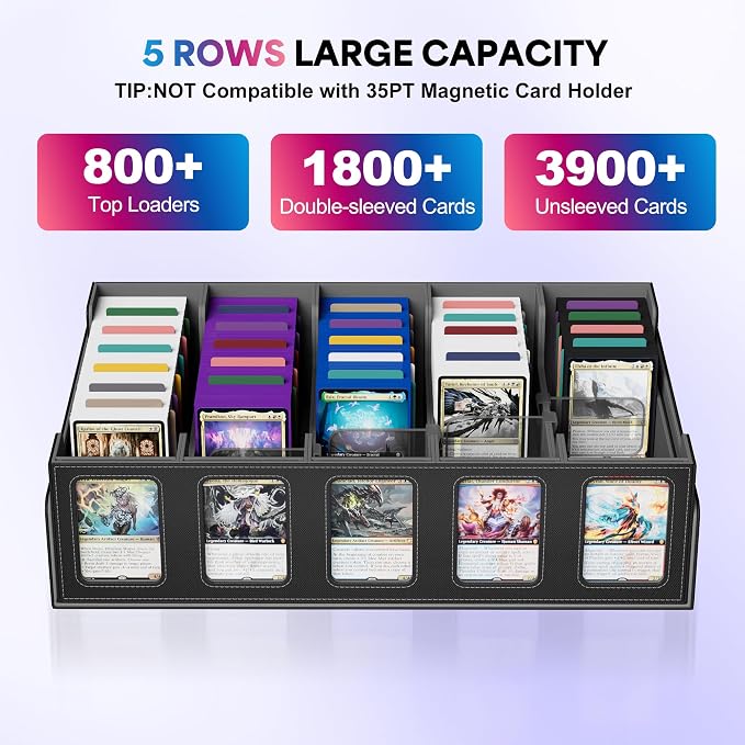 UAONO 5-Row Trading Card Storage Box with Commander Display, Black Grey | 3900+ Card Box with Removable Cover, Card Case Fits MTG TCG Sports Cards, 48 Dividers, 5 Stoppers, 5 Top Loaders, Dice Box - Image 2