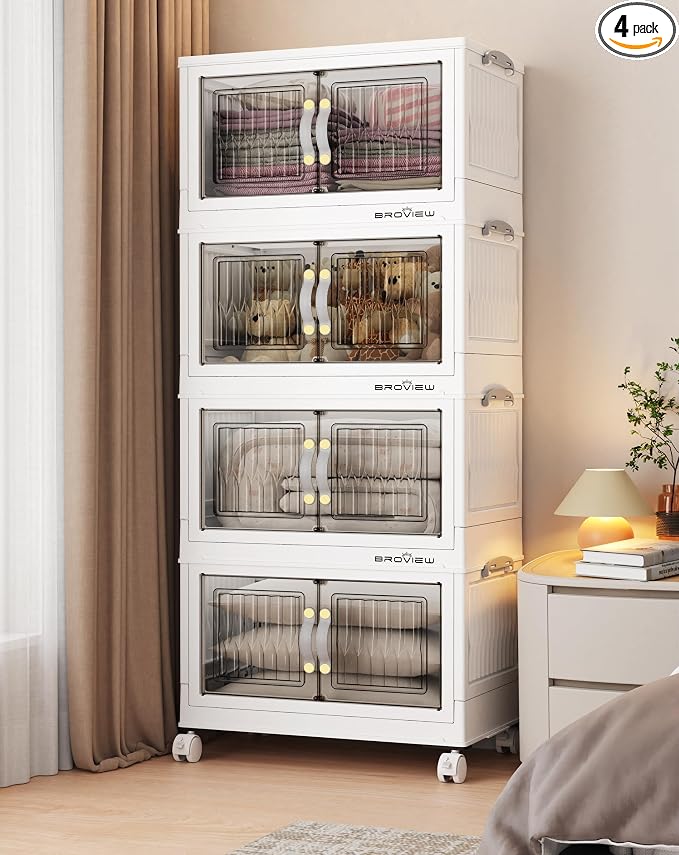 BROVIEW 180Qt Stackable Storage Bins with Lid, Extra Large Closet Organizer Collapsible Drawer Boxes with Wheels, Folding Plastic Cabinet Containers for Home Kitchen Room Organization, 4Pack White by BROVIEW-EnjoytheArtofLife