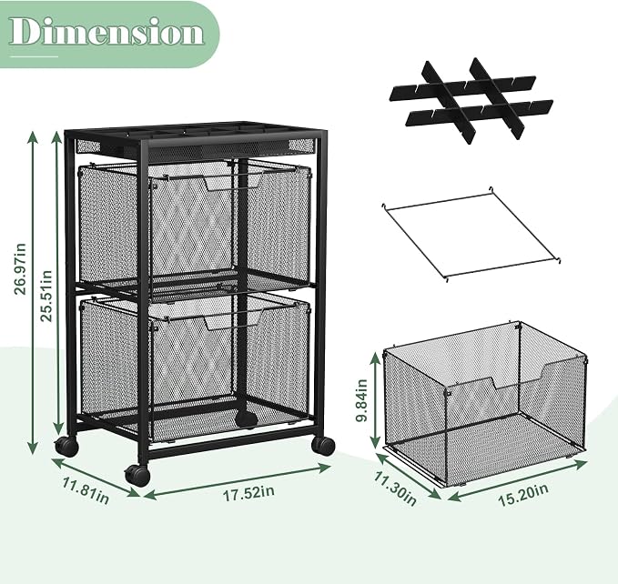 Rolling File Cart with 2 Drawers, Under Desk Storage Cabinet with DIY Divider, Letter/Legal Mobile Filling Cabinet on Wheels, Hanging File Folders Organizer, Metal Utility Cart for Home Office, Black - Image 7
