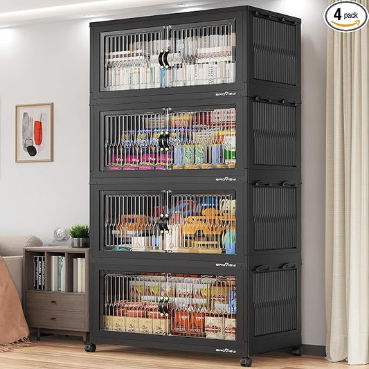 BROVIEW 800Qt Extra Large Stackable Storage Bins with Lid, Closet Organizer Collapsible Drawer Boxes with Wheels, Folding Plastic Cabinet Containers for Home Kitchen Room Organization, 4Pack Black by BROVIEW-EnjoytheArtofLife