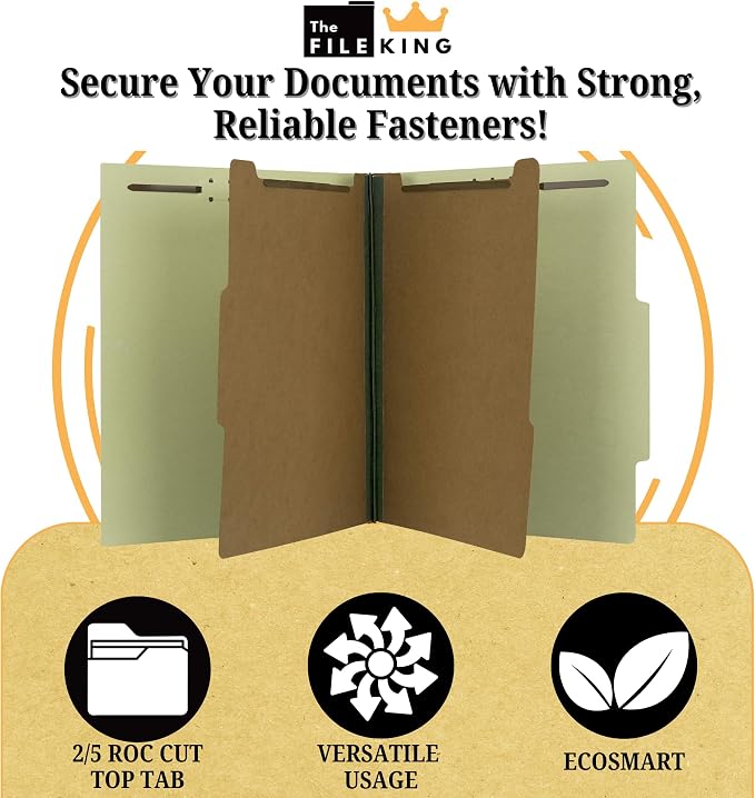 The File King Two Divider Pressboard Classification Pale Green File Folder - Letter Size | Box of 10 | 2/5 ROC Top Tab | 2” Expansion | Six 2-Inch Fastener Prongs | Made in America - Image 3