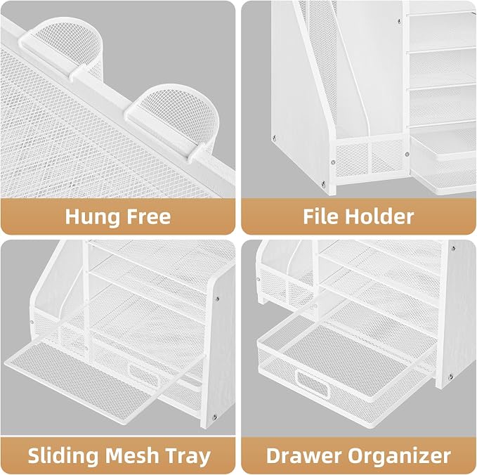 Marbrasse Desk Organizer with File Holder, 5-Tier Paper Letter Tray Organizer with Drawer and 2 Pen Holder, Mesh Desktop Organizer and Storage with Magazine Holder for Office Supplies (Wood-White) - Image 4