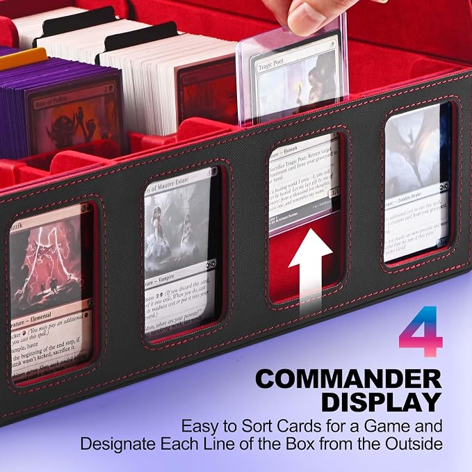 UAONO Trading Card Storage Box with Commander Display, Black Red | 2400+ Deck Box for MTG with Removable Cover, Top Loaders Card Case Fits Magic TCG PTCG Sports Cards, 24 Dividers, 4 Stoppers - Image 2