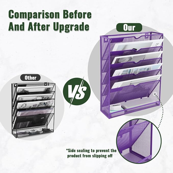 6 Tier Mesh Hanging Wall File Organizer, Desk Vertical Mail Paper Document Folder Holder Rack with Bottom Tray and Nametag Label for Office Home School, Purple - Image 3