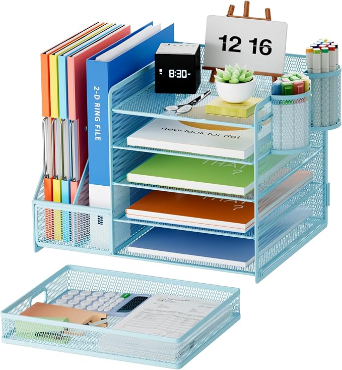 Marbrasse Desk Organizer with File Holder, 5-Tier Paper Letter Tray Organizer with Drawer and 2 Pen Holder, Mesh Desktop Organizer and Storage with Magazine Holder for Office Supplies(Blue) - Image 2