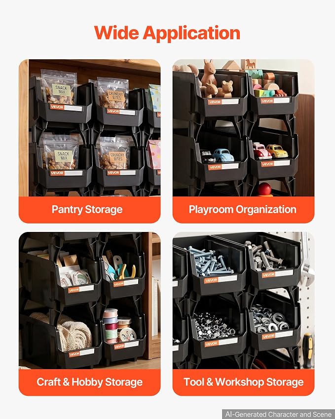 VEVOR Plastic Stackable Storage Bins, 10.9 x 5.5 x 5.1 inch (8 Pack), Plastic Containers for Organizing and Storage Bins for Closet, Garage, Small Parts, Office Supplies and Other Accessories, Black - Image 3