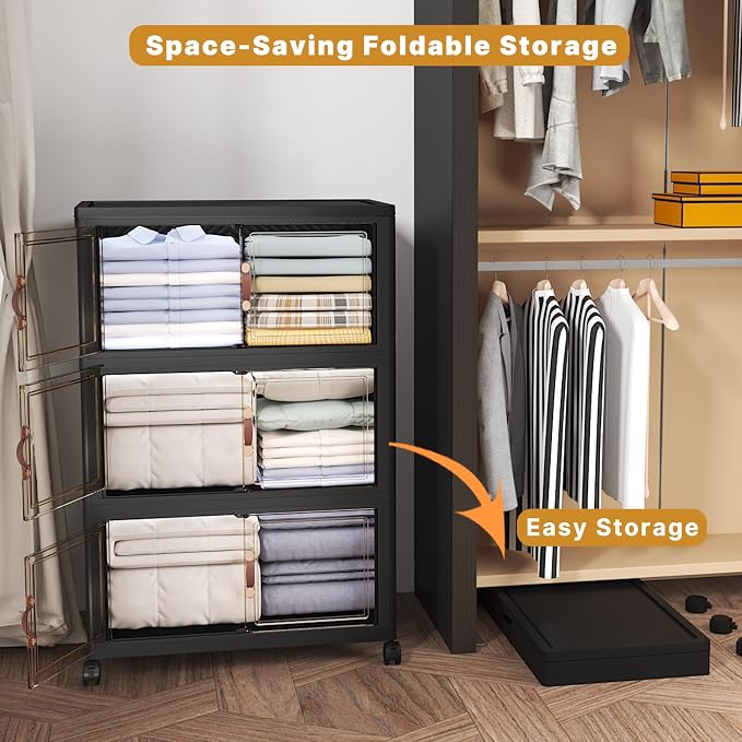 Stackable Storage Bins with Lids, 360QT Closet Organizers and Storage Cabinet with Doors & Wheels, Lockable Plastic Foldable Drawers for Bedroom Dorm Office Garage（120QT*3,Black） - Image 5