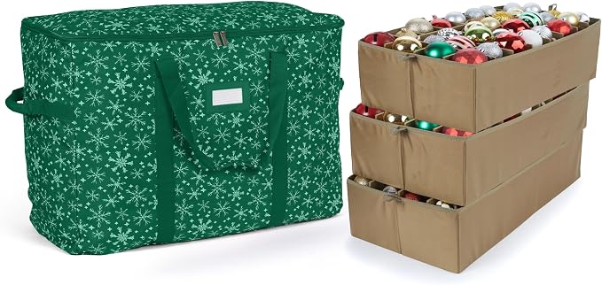 Covermates Keepsakes Adjustable Ornament Storage Bag – Heavy-Duty Polyester, Padded Dividers & FlexGrid Trays – Protective Holiday Ornament Organizer with Handles & Label Window, Green Snowflake by Covermates