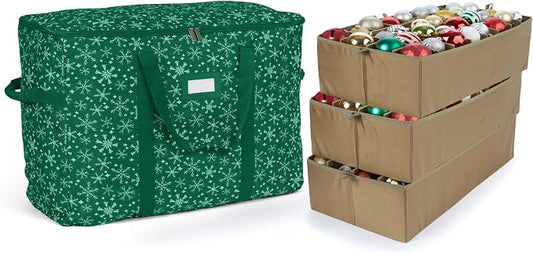 Covermates Keepsakes Adjustable Ornament Storage Bag – Heavy-Duty Polyester, Padded Dividers & FlexGrid Trays – Protective Holiday Ornament Organizer with Handles & Label Window, Green Snowflake by Covermates