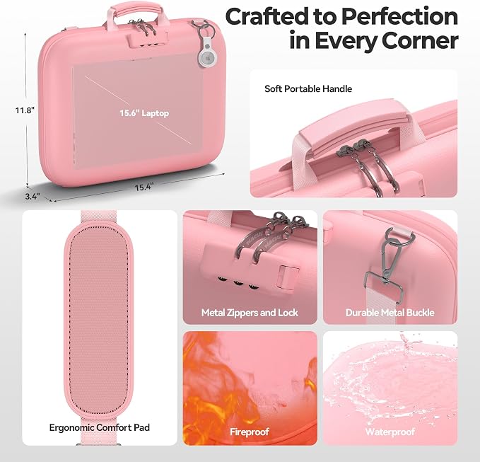 Nacial Fireproof Document Box with Lock & Shoulder Strap, Hard-Shell Fireproof File Organizer with 13 Pocket Accordion File Folder, Portable Safe Storage for Important Documents, Laptop, Pink - Image 4