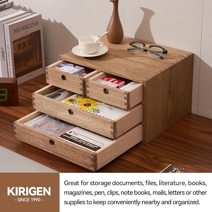 KIRIGEN Wood Desk Organizer with 4 Drawers, Desktop Storage, Brown 34-DBR | 3-Tier Solid Wood Cabinet Holds Letter-Size Paper, Mail, Makeup, Crafts, and Home Office Supplies, Fully Assembled - Image 5