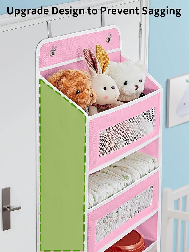 JARLINK Over the Door Organizer for Pantry, Bathroom, 5 Shelf Pink, 2 Pack | Anti-Tilt Design, 44 lb Load Capacity, Hanging Door Organizer with 5 Large Capacity Pockets, Behind Door Storage for Nursery - Image 4