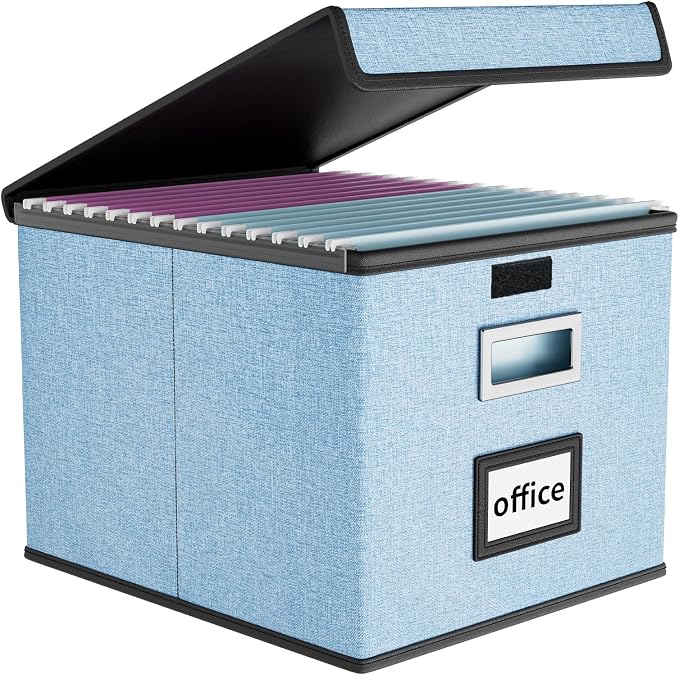 File Organizer Box with Lids, Collapsible File Folder Organizer | File Box with Plastic Slides for Document, Filing Bin for Letter Size Hanging File Folders (1 Pack, Powderblue) by Huolewa