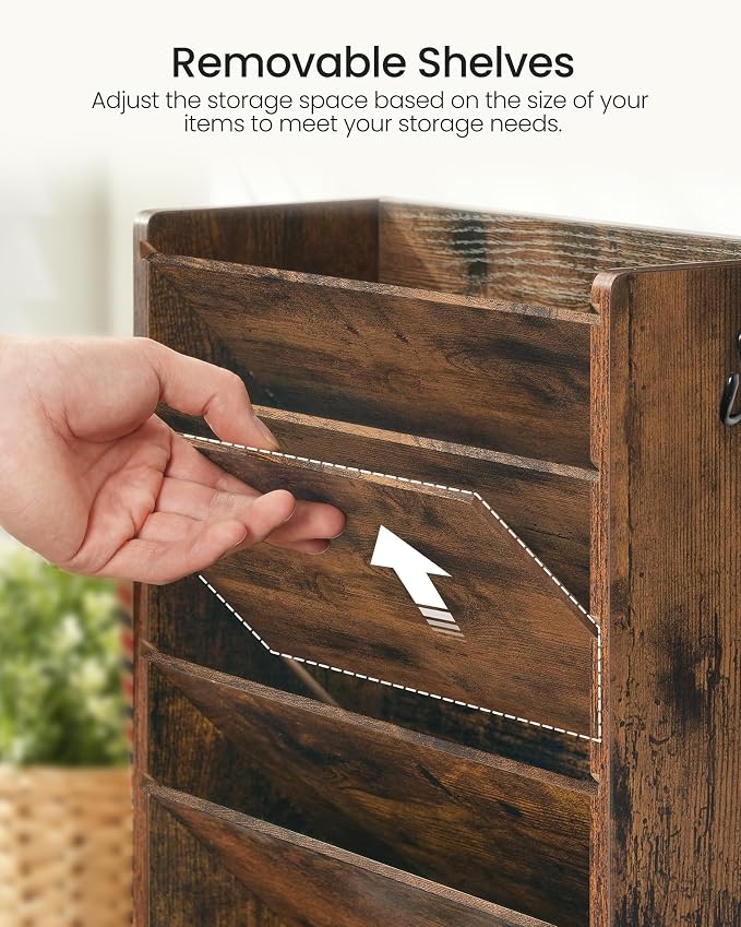 Wall File Organizer, 6-Tier Vertical Mount Hanging Holder with 2 Side Hooks, Vintage Wooden Magazine Storage Crate with Bottom Flat Tray, Desk Organizer, for Office, Home, Rustic Brown MWJ01FG - Image 2