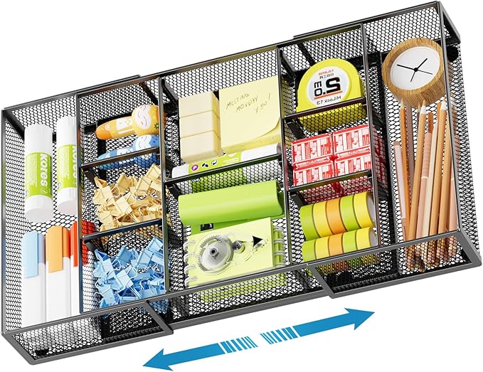 Marbrasse Expandable Desk Drawer Organizer, Mesh Drawer Organizer Tray with 10 Adjustable Compartments, Desk Organizers and Accessories for Office Supplies (Longer Expandable Drawer Organizer-B) by Marbrasse