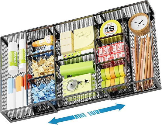 Marbrasse Expandable Desk Drawer Organizer, Mesh Drawer Organizer Tray with 10 Adjustable Compartments, Desk Organizers and Accessories for Office Supplies (Longer Expandable Drawer Organizer-B) by Marbrasse