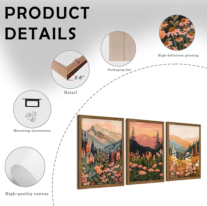 InspiredHues Large Colorful Landscape Boho Canvas Wall Art Set, 3 Piece Wildflower Mountain Wall Decor, Vintage Floral Rustic Nature Artwork Prints for Living Room Bedroom Office 20x30 In Wood Framed