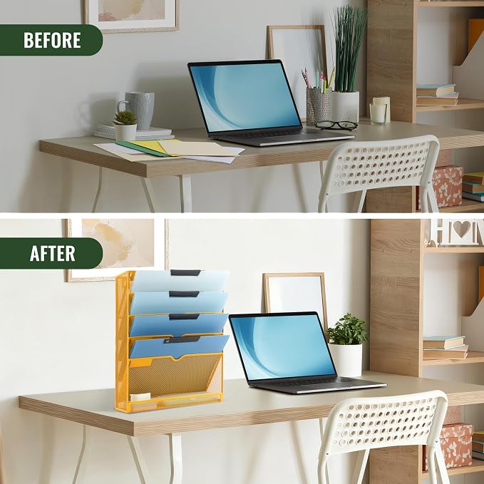 6 Tier Mesh Hanging Wall File Organizer, Desk Vertical Mail Paper Document Folder Holder Rack with Bottom Tray and Nametag Label for Office Home School, Yellow - Image 5