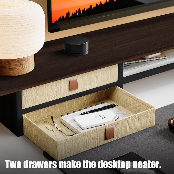 FENSULN Dual‑Tier Monitor Stand Riser with Drawers, Desktop Organizer Shelf Storage for Computer Screen 2 Monitors, Supports for PC Computer Monitor, Printer, Heavy TV Riser Brown and Black - Image 3