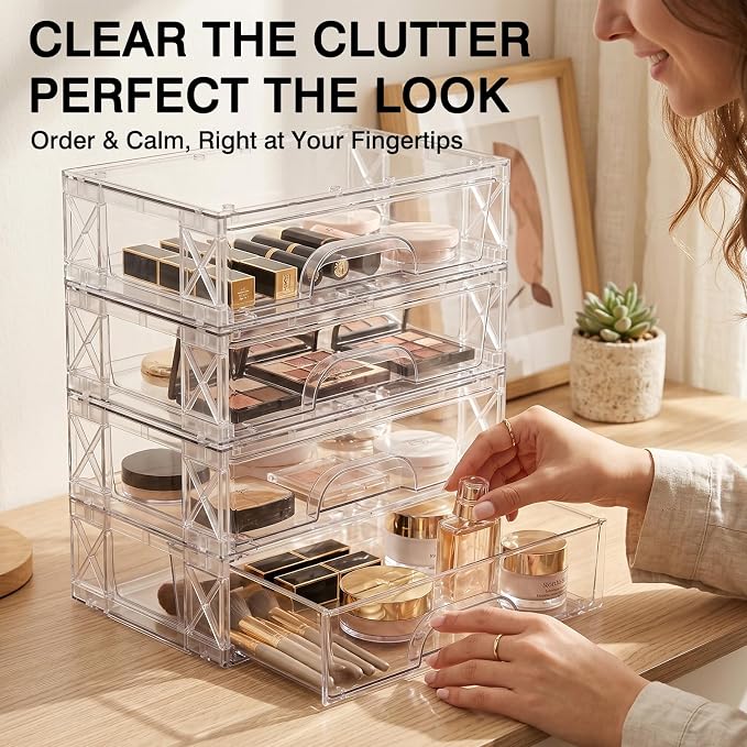 Clear Stackable Storage Drawers 4 Pack 3.5in Organizer Plastic Bins | Clear Plastic, Pull-Out Drawers, Easy Assembly, Stackable Design, for Cosmetics Bathroom Kitchen and Cabinet Storage - Image 6